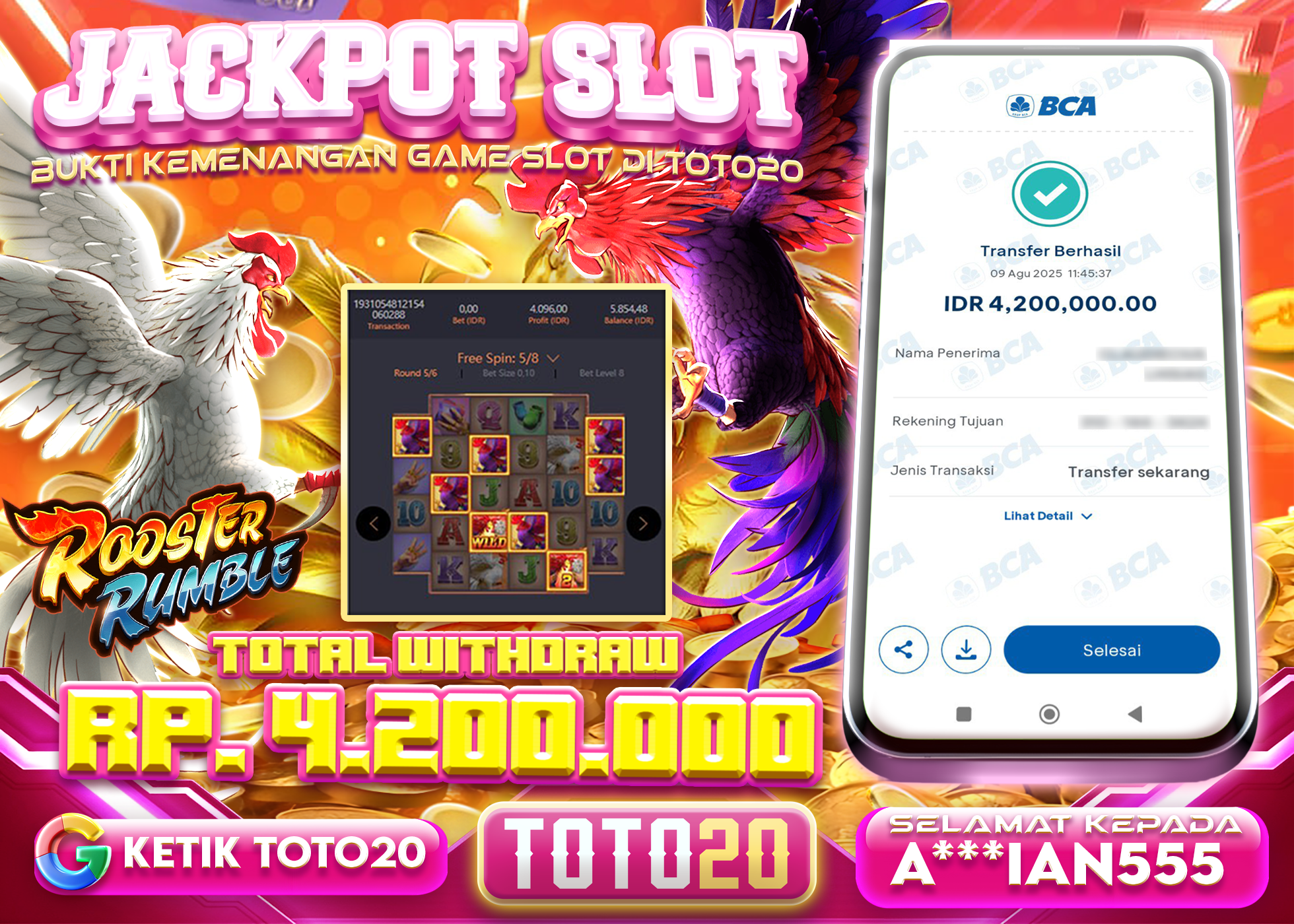 A***IAN555 JACKPOT SLOT ROOSTER RUMBLE Rp 4.200.000 - LUNAS